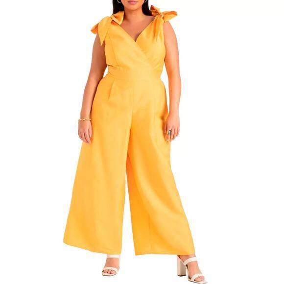 ELOQUII Women's Plus Size Tie Strap Wide‎ Leg Jumpsuit marigold yellow, size 24 - Picture 2 of 16